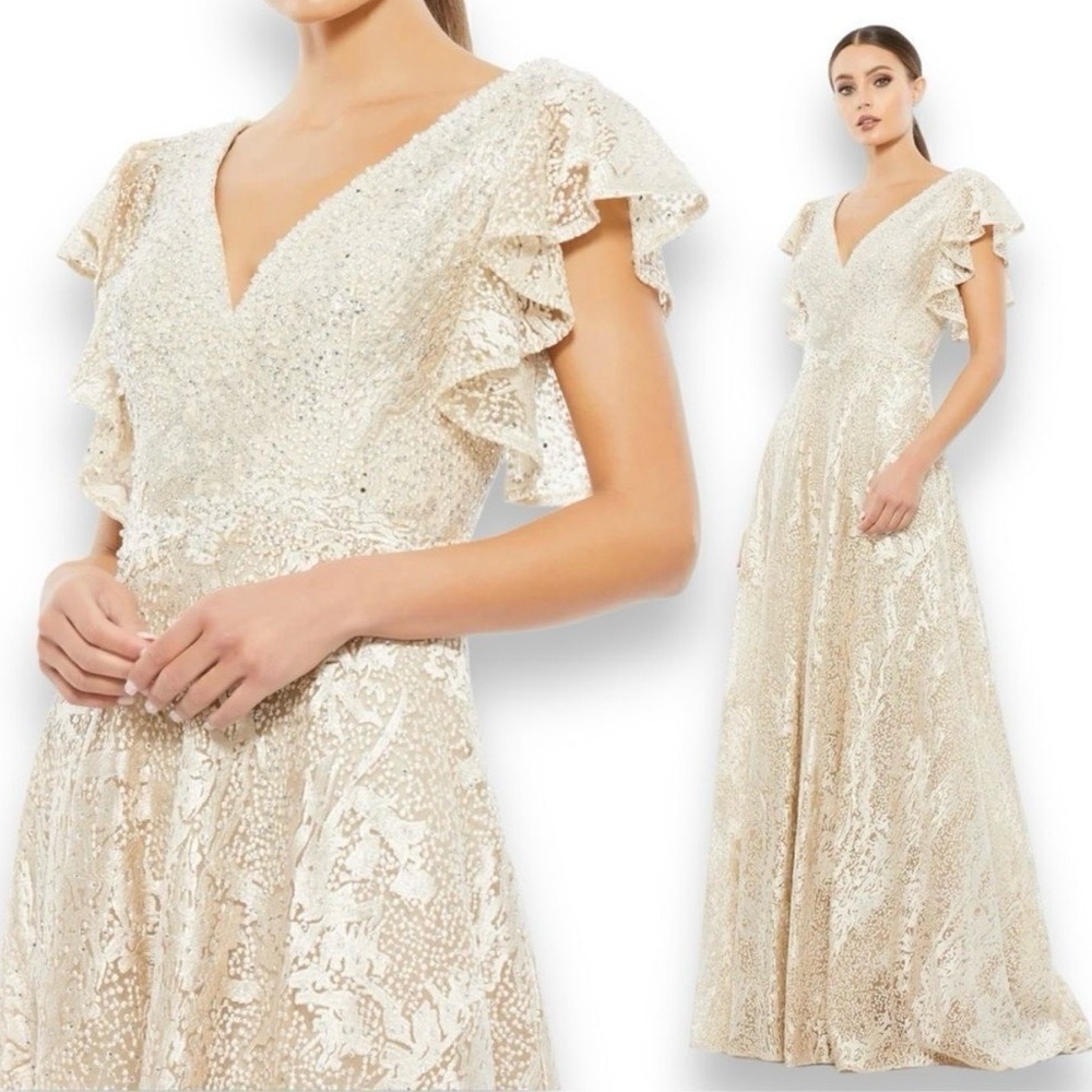 Mac Duggal Beige Embroidered Flutter Sleeve V-Neck Gown Womens 16 Dress Wedding